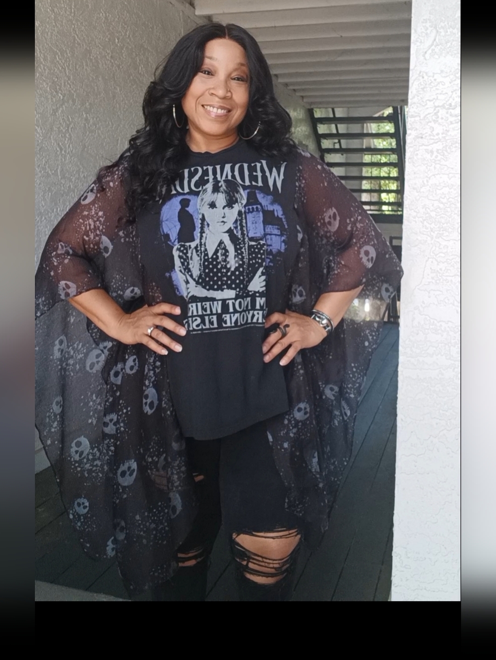 Upcycled Wednesday Graphic Tshirt Poncho - Picture 5 of 12